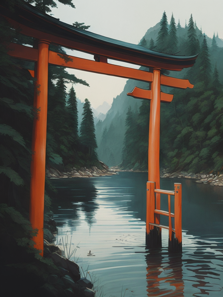 Red torii gate in middle of a lake, Dense forest on the edge of the lake, Bright and saturated colors, Japanese culture, photorealistic, contrast light