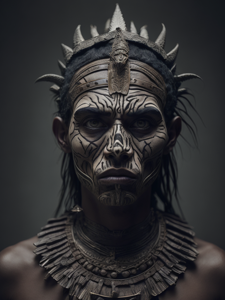 In this powerful and evocative image, mictlantecuhtli, the ancient aztec god of the underworld, emerges in all his ominous glory. rendered predominantly in stark black and white, with subtle gradations of gray, the depiction showcases the deity's menacing presence and serves as a testament to his authority. mictlantecuhtli's face embodies an intense fury, with furrowed brows and eyes ablaze with anger. his facial features are sharp and defined, with deep-set eye sockets that pierce through the darkness. elongated, bony structures form his skeletal visage, accentuating the otherworldly nature of his being. jagged teeth, stained and yellowed, protrude menacingly from his mouth, capturing his ferocity and instilling fear in those who behold him. the environment surrounding mictlantecuhtli reflects the essence of his era, transporting us to the aztec underworld known as mictlan.
