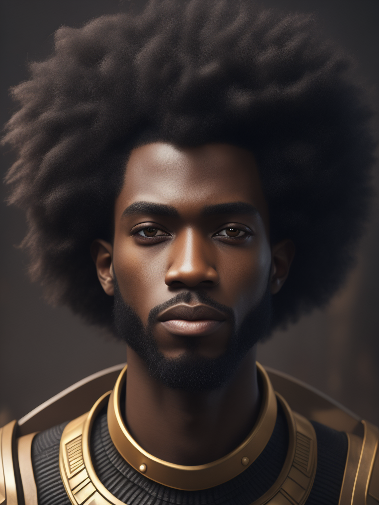portrait of a male character, afro, with futuristic touches and that is an African god