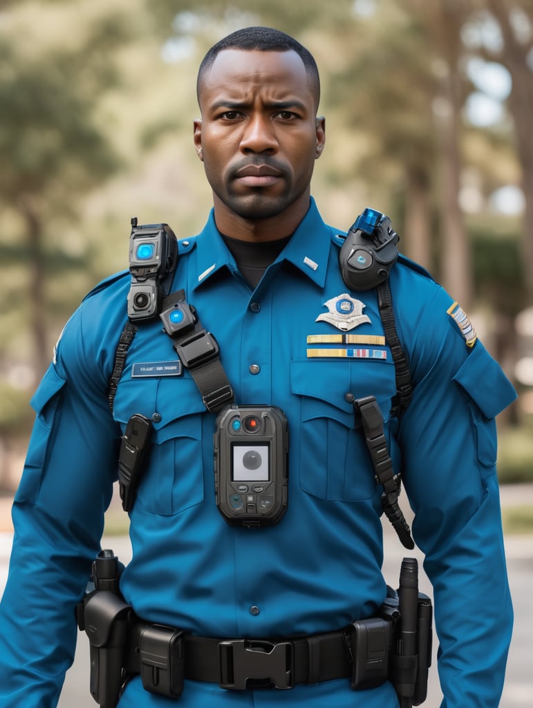 black man wearing cerulean blue military uniform, body cam, collar detail, security belt with gadgets, armed, serious look