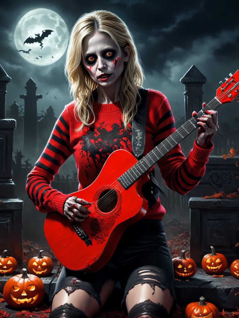 Sara Michelle Gellar as a zombie wearing a red sweater with thick black stipes, playing a guitar, Halloween style, Vivid saturated colors, Contrast color