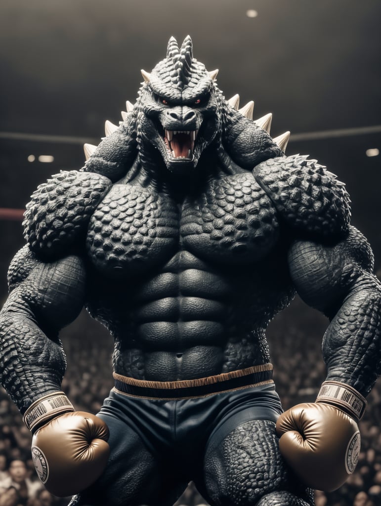 Godzilla in a boxing match flexing his muscles after winning a boxing match