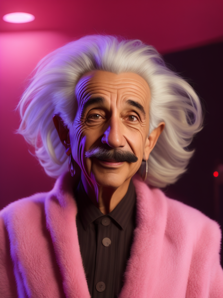 Albert Einstein Barbie style, dressed all in bright pink, bright pink hat, bright pink sweater with black stripes, blurred pink backround, glamour style, metal claws, looking up at the camera and smiling devilishly, stock photo, conceptual art, photorealistic imagery