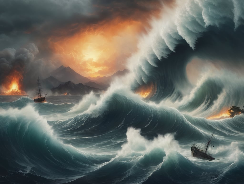 Epic photograph of an earthquake in Japan, large waves, destruction, fire, in the style of Aivazovsky