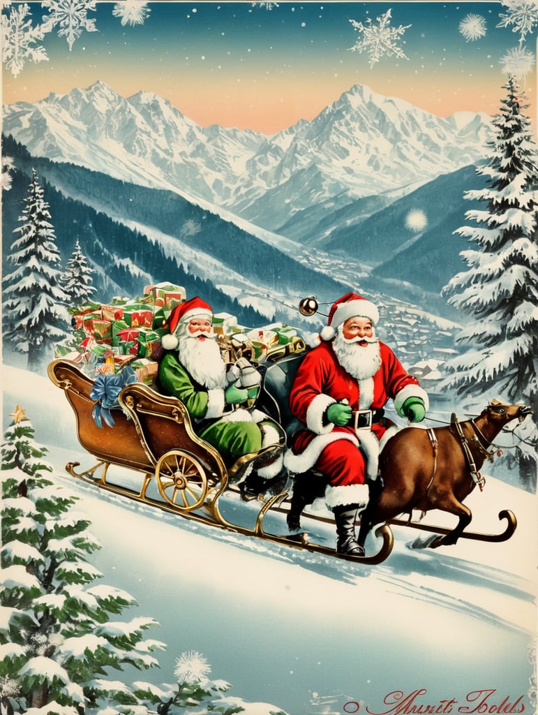 Santa Claus in a front of Austrian, Tyrol vintage Christmas postcard illustration brimming with nostalgic winter scenes, adorned with sleigh bells and delicate snowflakes