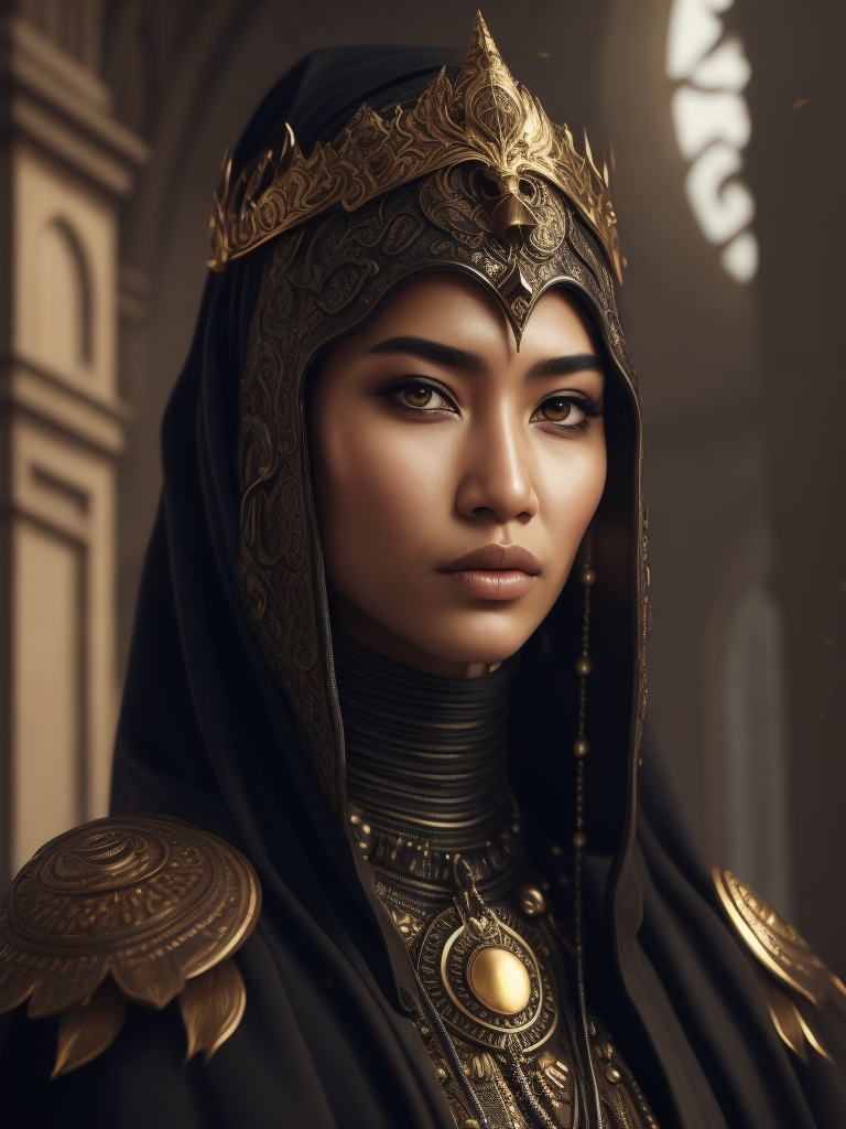 hyper-realistic, ultra-detailed photograph of indonesia white woman with arabic niqab fashion black cloak with many black bird fly in the back. Dark Renaissance ottoman throne kingdom background, photo realistic, golden jewelry, dark, sunlight fractal details, depth of field, HOF, hall of fame, detailed gorgeous face, apocalyptic environment, natural body posture, professional photographer, captured with professional DSLR camera, trending on Artstation, 64k, ultra-detailed, ultra-accurate detailed, bokeh lighting, surrealism