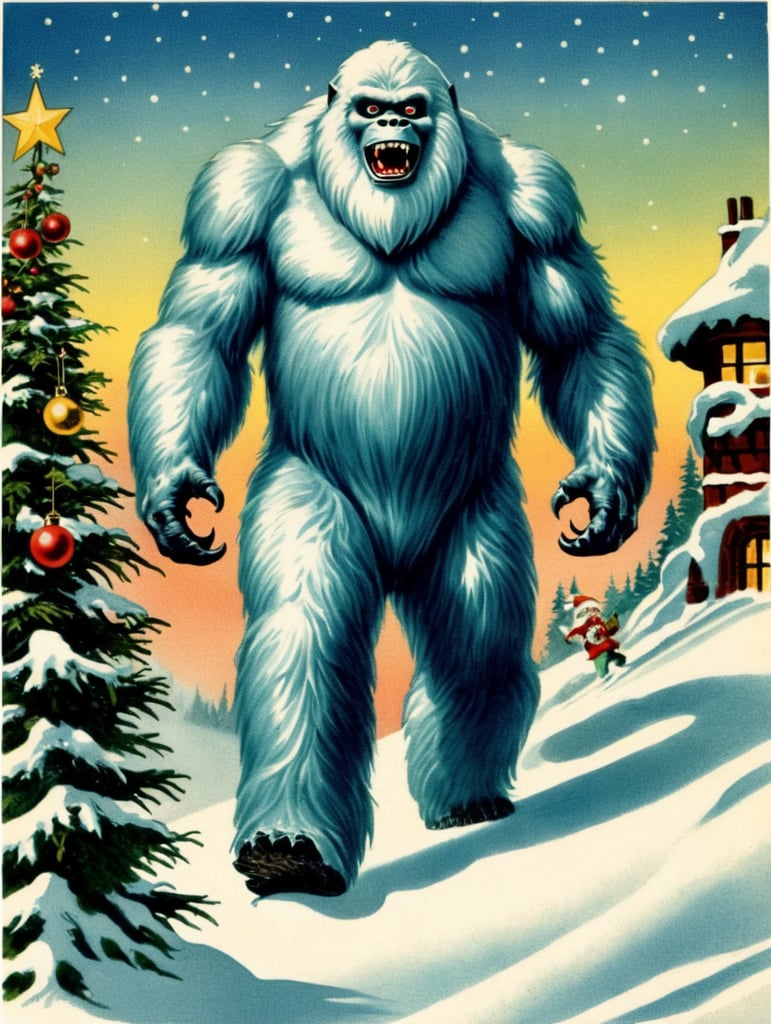 Yeti, Abominable Snowman, vintage Christmas postcard illustration