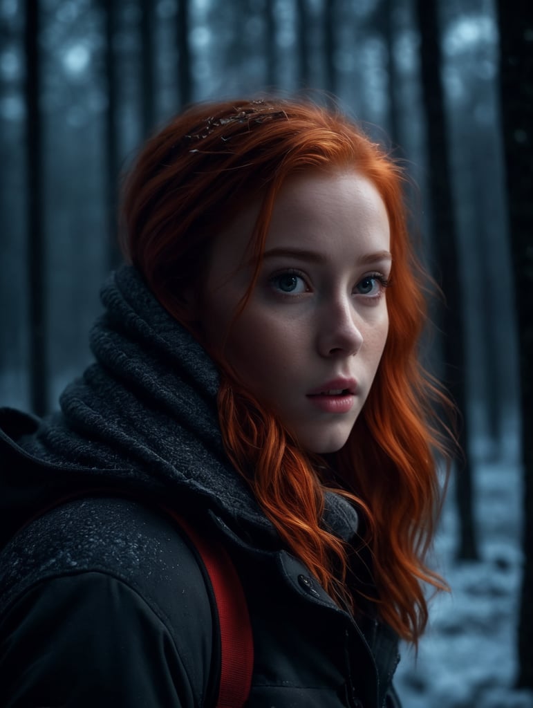 a red-haired girls lost in the woods. it's night time. she is dressed in winter clothes.