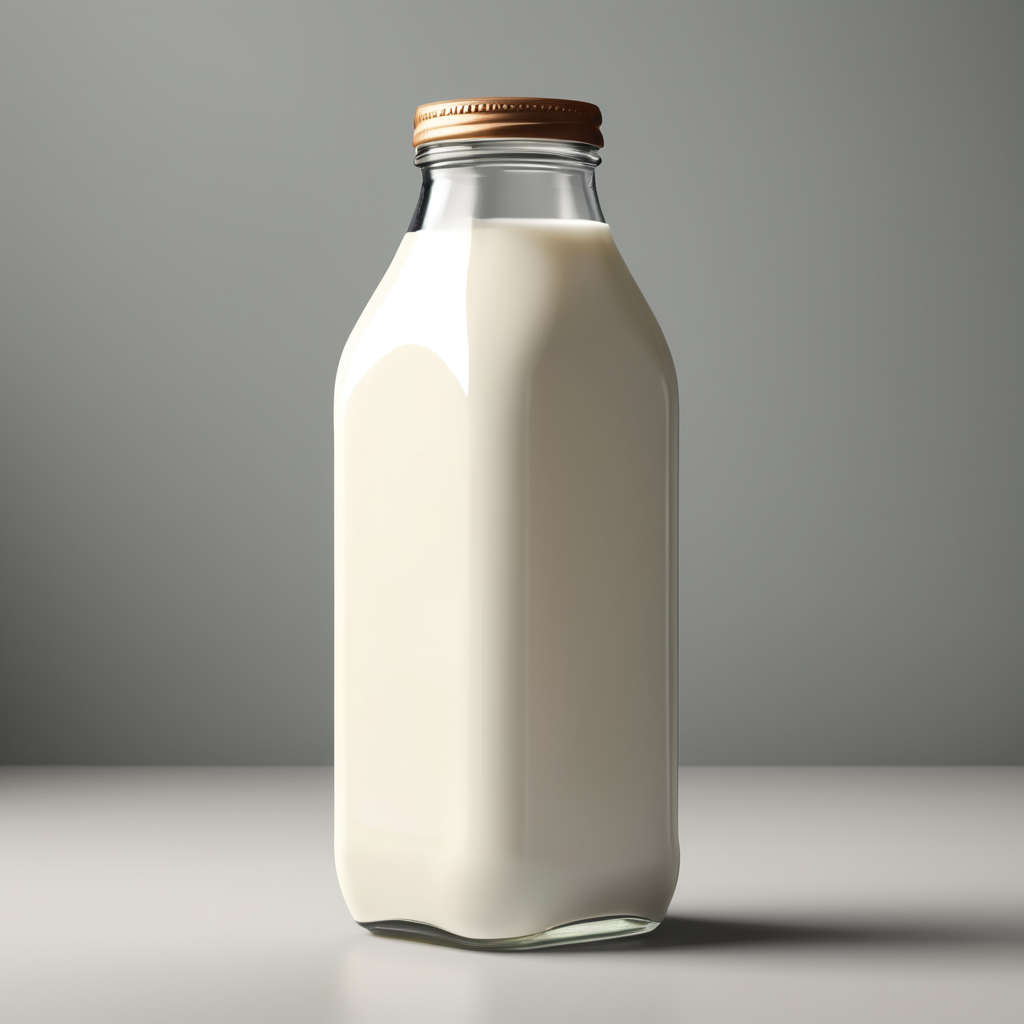 A mockup of a square glass bottle of milk.