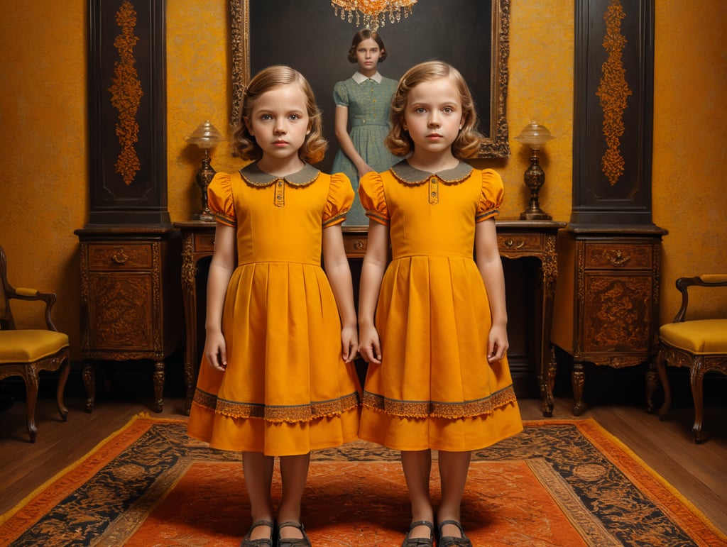 Vintage portrait of twin girls wearing a dress, complementary colors, Wes Anderson style, Incredibly high detail, Bright colors, yellow color, orange color,