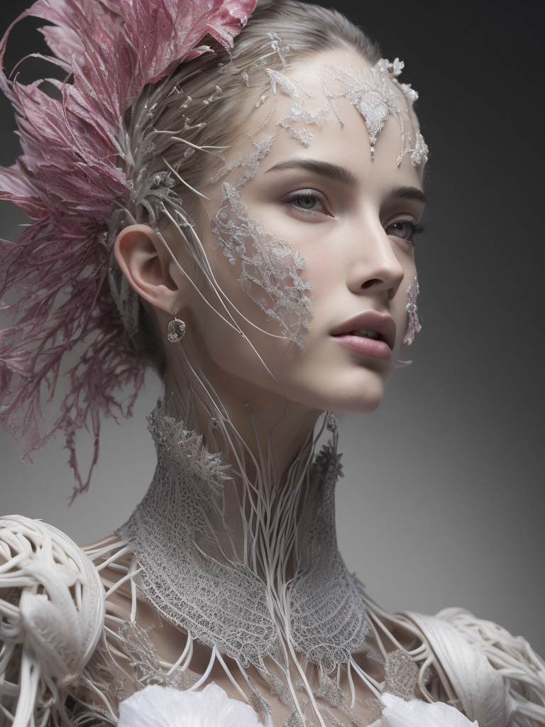 Complex 3d render ultra detailed of a beautiful profile angel, biomechanical cyborg, analog, 150 mm lens, beautiful natural soft rim light, big leaves and stems, roots, fine foliage lace, colorful details, samourai, boris bidjan saberi outfit, pearl earring, piercing, art nouveau fashion embroidered, intricate details, mesh wire, mandelbrot fractal, anatomical, facial muscles, cable wires, microchip, badass, hyper realistic, ultra detailed, octane render, volumetric lighting, red and white with a bit of black, detailled metalic bones, semi human, iridescent colors, glenn brown style, black background