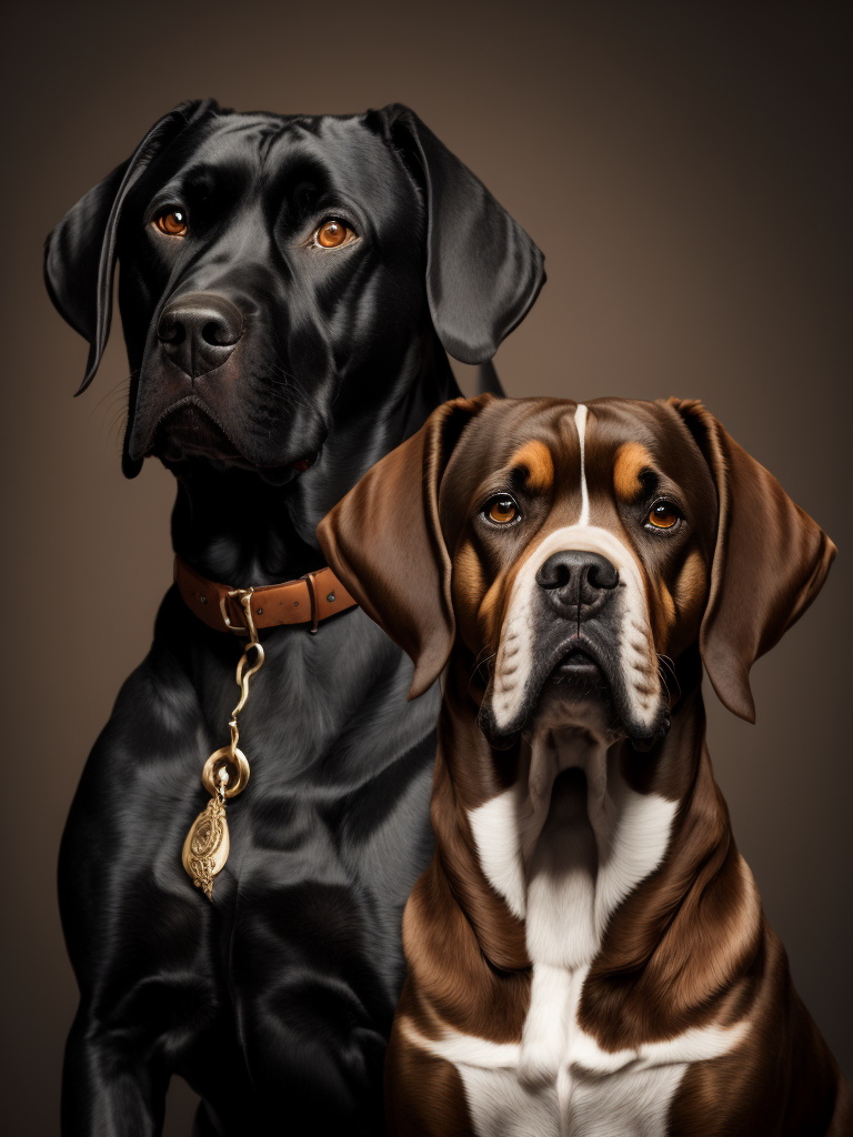 create a portrait of 2 dogs, one is a black cane corso and amstaff mix, the other one is small size mix between a setter and a cocker, reddish medium long hair