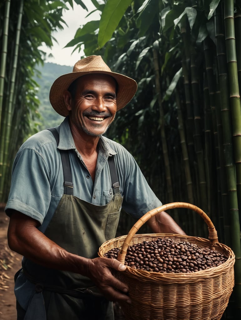 smiling brazilian coffee farmer holding coffee beans in bamboo basket, coffee lover, farm life, coffee harvesting, coffee beans, coffee plantation, fresh harvest, coffee production, handmade coffee, enjoying coffee,