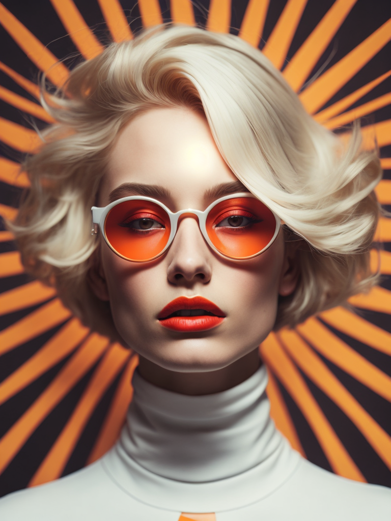 Pale-skinned girl model, wearing a high-necked dress, contrast lighting, white sunglasses with red-orange lenses, red lips, blonde hair in a bob style, dark background with orange-red rays, fashion model, magazine cover, professional shot,