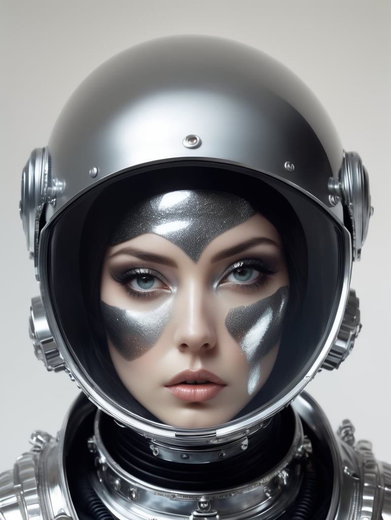 Abstract 1998, Fashion photography, 24mm, long shot, 60'S astronaut woman in black and silver spacesuit with large plexiglass helmet , 80 degree view, art by Victor Moscoso and Bridget Riley Kodak Ektar 100 8K, Make it magical by carne griffiths fluid art, conrad roset ilya kuvshinov, mark fielding, zwy studio high lights in eyes, salt. art by Sergio Lopez, Natalie Shau.