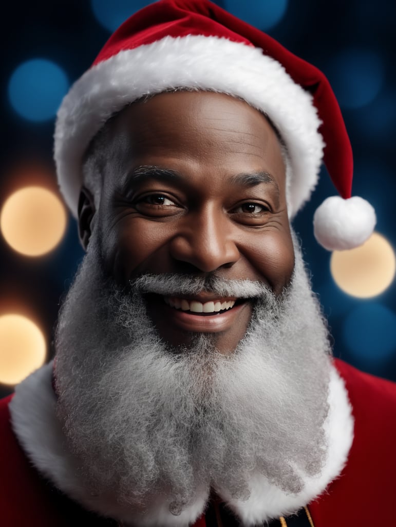 Portrait of a black Santa Claus smiling, whimsical facial expression, flowing white beard, jolly caricature, saturated colors, red outfit, sharp focus, portrait photography, depth of field, dramatic candlelit lighting, incredibly high detailed, blue background, blurred background,