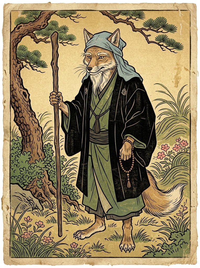 elderly fox-like humanoid, traditional woodblock print style, wearing a pale blue head-covering and wide-sleeved black robe over green garments, gripping a tall wooden staff, beaded rosary on wrist, bare clawed feet, golden beige background with stylized grass, textured brown tree trunk, green bushes with small pink flowers, muted earthy tones, prominent black ink outlines, vintage paper texture