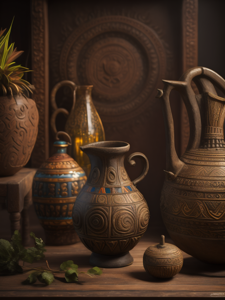 foto de jarra precolombina hecha en la jarra está centrada en la foto y al fondo, desenfocada, hay decoración precolombina