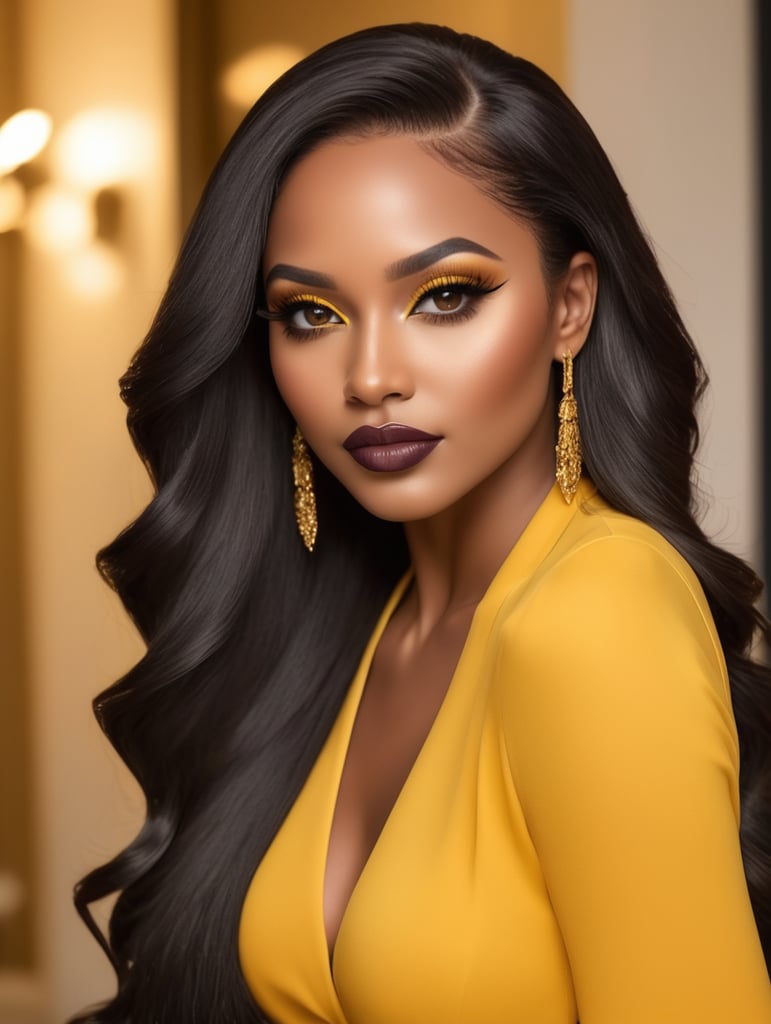There stunning glamorous images of a brown skinned woman black beauty with long extensions, side-parted Straight blond hair black roots and false lashes. Her lips are full and beautifully enhanced with fillers, and she is dressed in vibrant yellow , from her outfit to her background. The overall atmosphere of the photo is glamorous and bold, with a touch of elegance and a focus on the woman's striking features different poses.