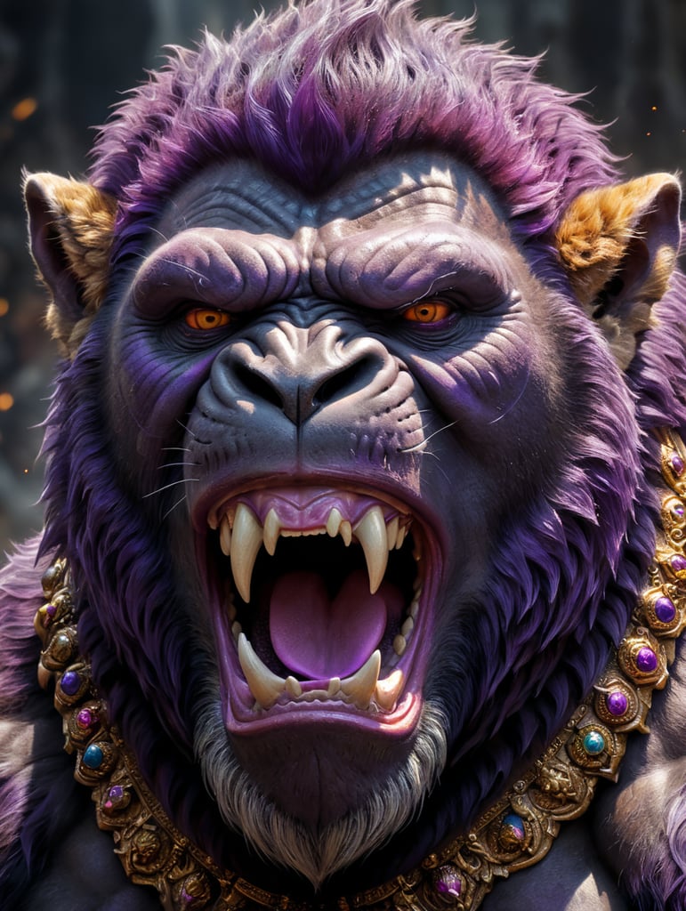 A close-up of the face of a purple gorilla with a lion's mane shouting