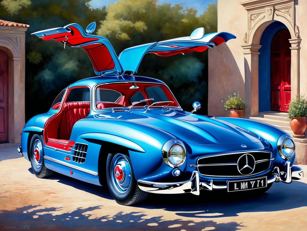 Red Mercedes 300SL Gullwing with doors open and blue interior, in the style of a Tim Layzell painting