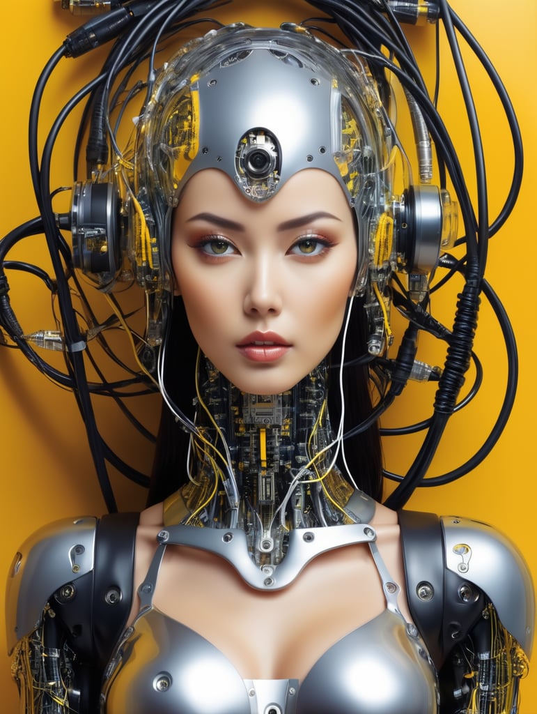 Half body photography, in front of a yellow wall, a futuristic cyborg woman, full of cables and wires and led, an well shaped transparent dark plexiglass latex body plc robots with silver motor head, 80 degree view, art by sergio lopez, natalie shau, james jean and salvador dali