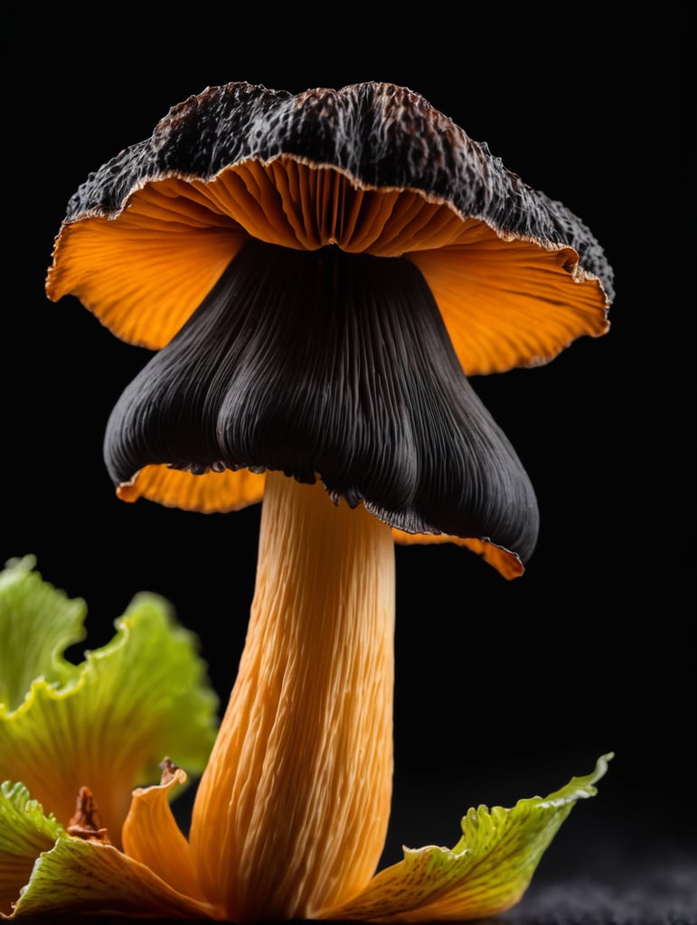 Macro photo of a black chanterelle mushroom, isolated, black background