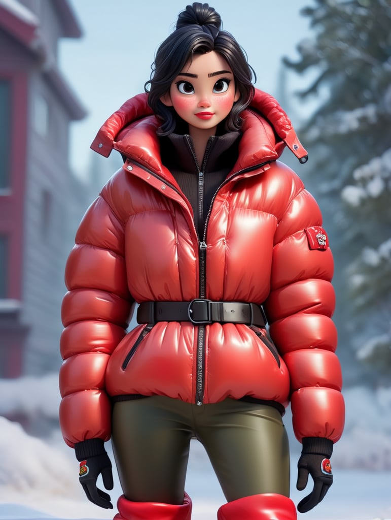 full body girl in a red glossy puffer jacket with bulky belt and massive zipper tab around waist and red glossy down puffer boots