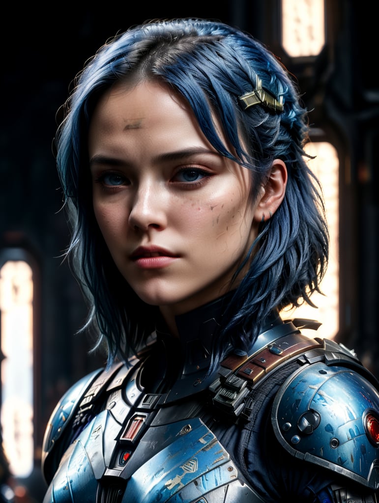 Young female with blue hair with mandalorian armor