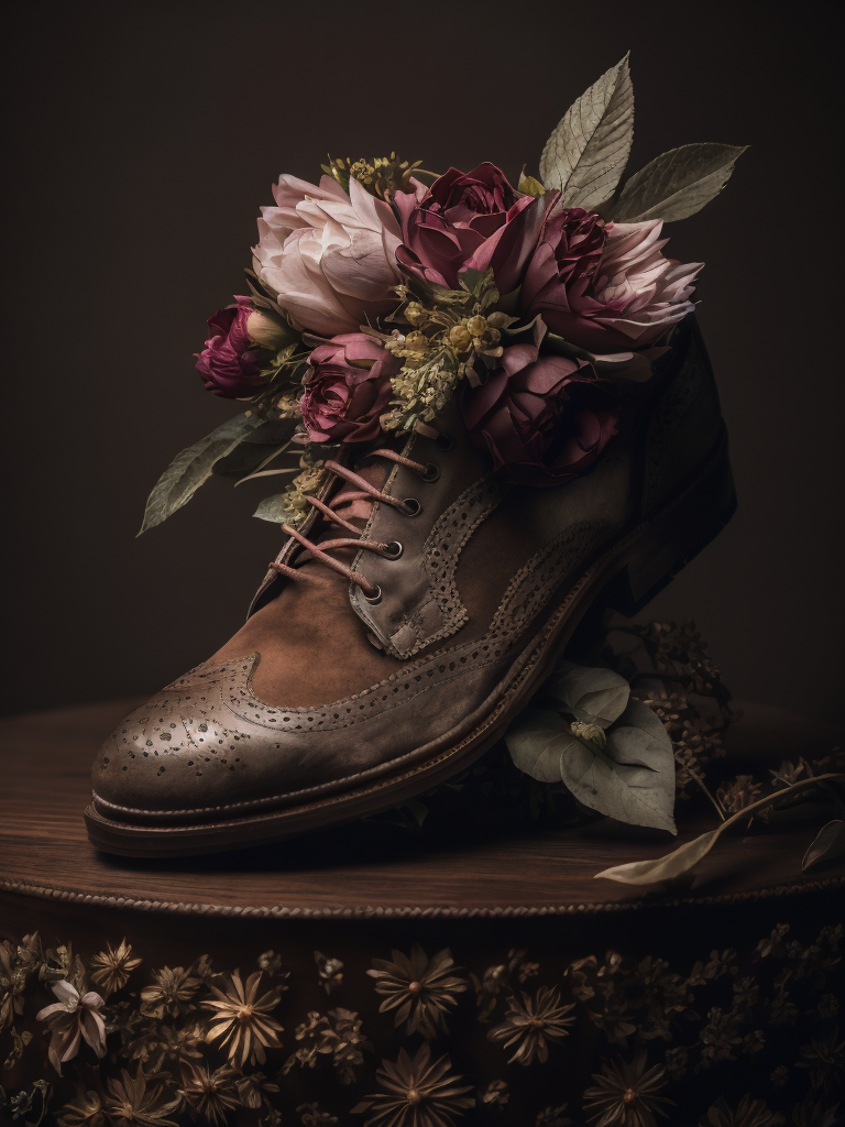 realistic photo of shoes with flowers, deep atmosphere, dark, saturation, vibrance, sharp on details