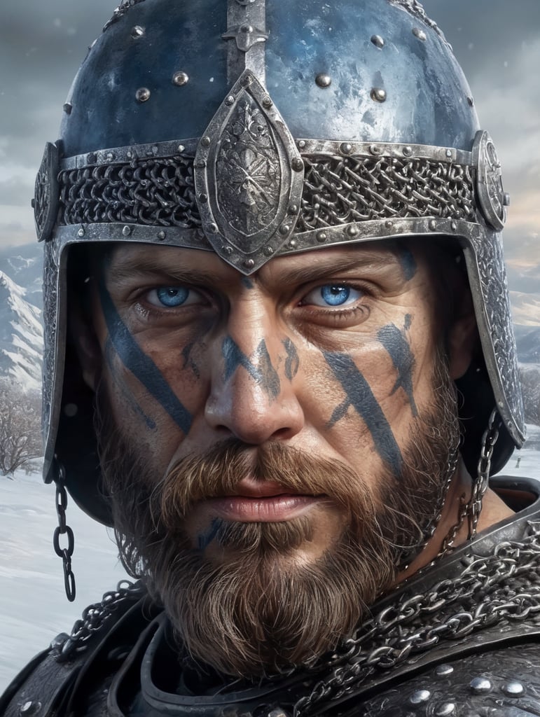 Portrait of a medieval Slavic warrior with a beard, wearing a helmet and chain mail, gray-blue eyes, a face stained with blood, against the backdrop of a winter landscape