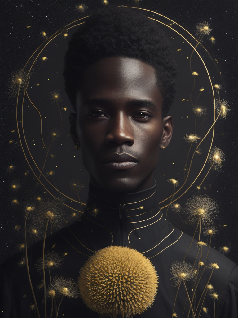 full body view of vantablack portrait in dandelions a with shine gold endings, eternal space, planets, saturn , captured with a Hasselblad camera