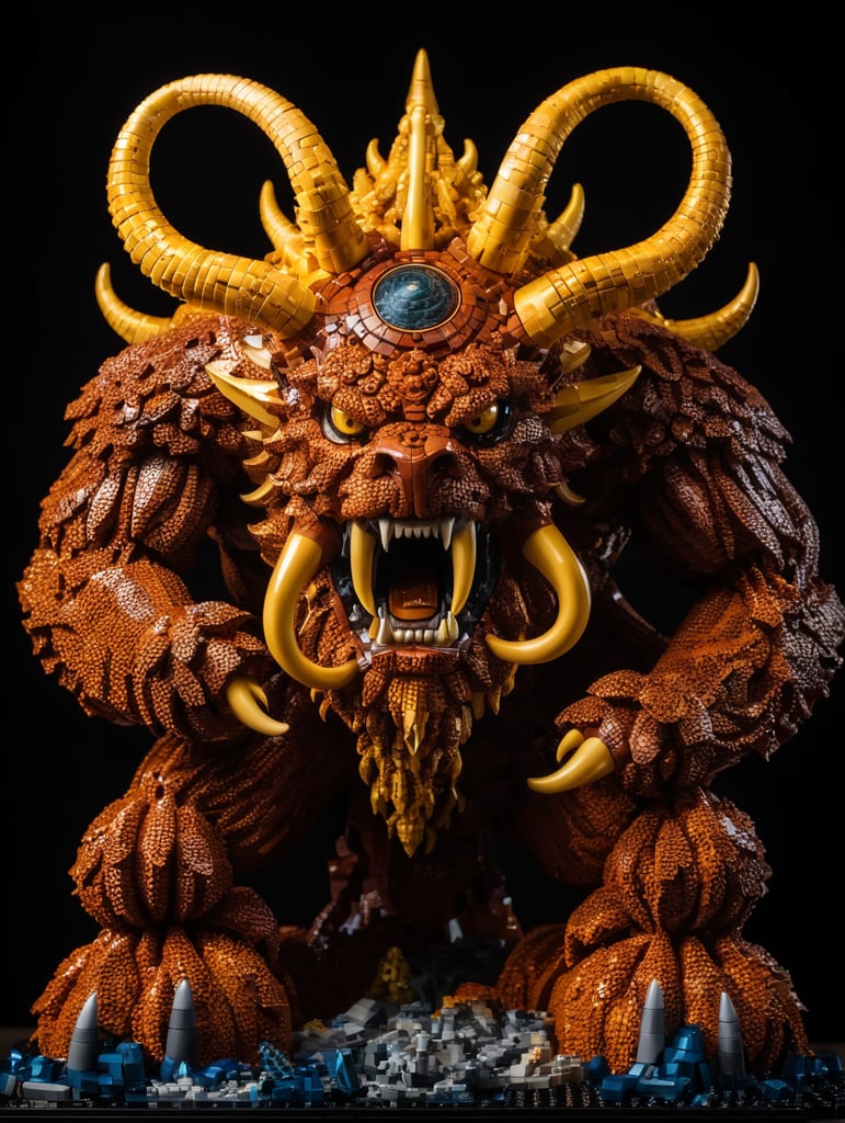 Une grande figurine du démon Lovecraftien Azathoth entièrement constitué de pièces de LEGO, fond noir, photo studio