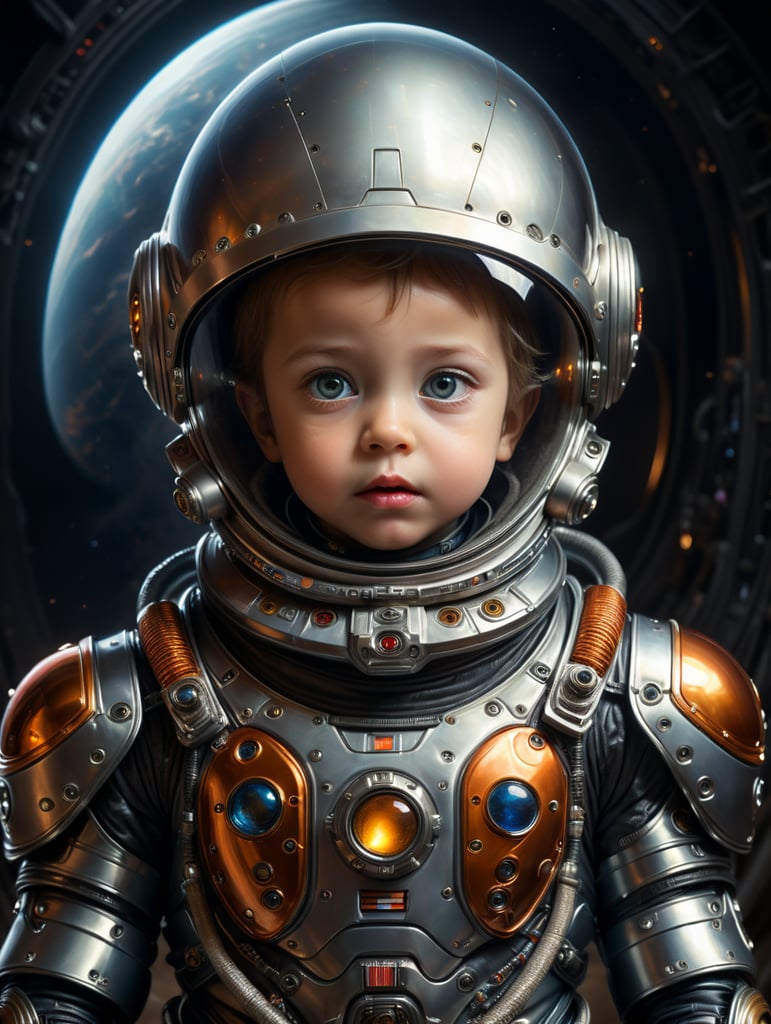 a child in a space suit with a surprised look on his face
