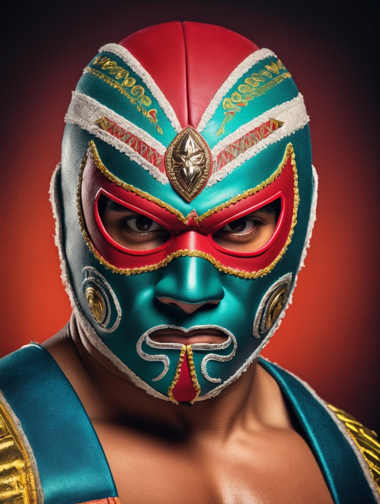 Portrait of a masked mexican wrestler, tag team, frontphoto, Vivid saturated colors, Contrast color, studio photo, professional photo, Rich colors, Detailed image