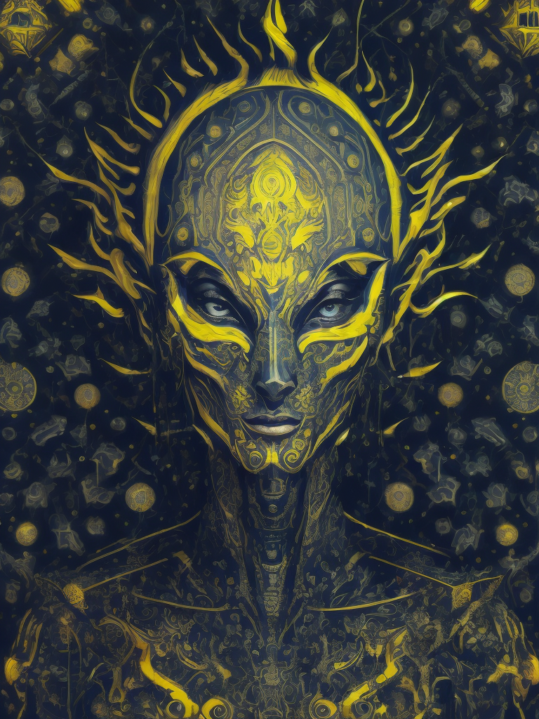 Portrait of an alien, batik, intricate details, surreal, Alien, Cyberpunk Trashcore Style, navy blue and pale yellow, s 1000