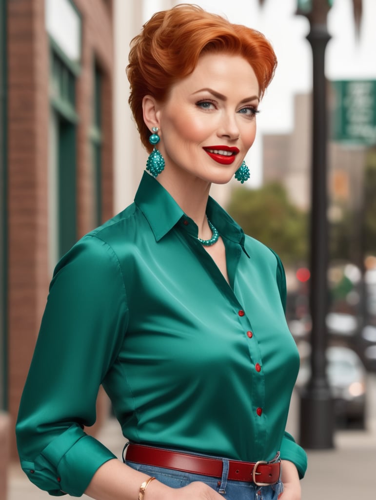 Lois is a tall, orangeheaded Caucasian woman. She wears blue pearl earrings, red lipstick, a teal green buttoned up women's shirt with sleeves rolled up to the elbow, tan jeans, and red slip on shoes.