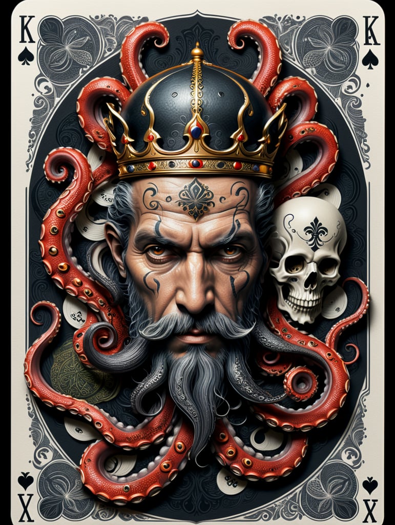 king octopus of clubs playing card, face card, linocut art style, black ink, ultra realism, simple lines, vector