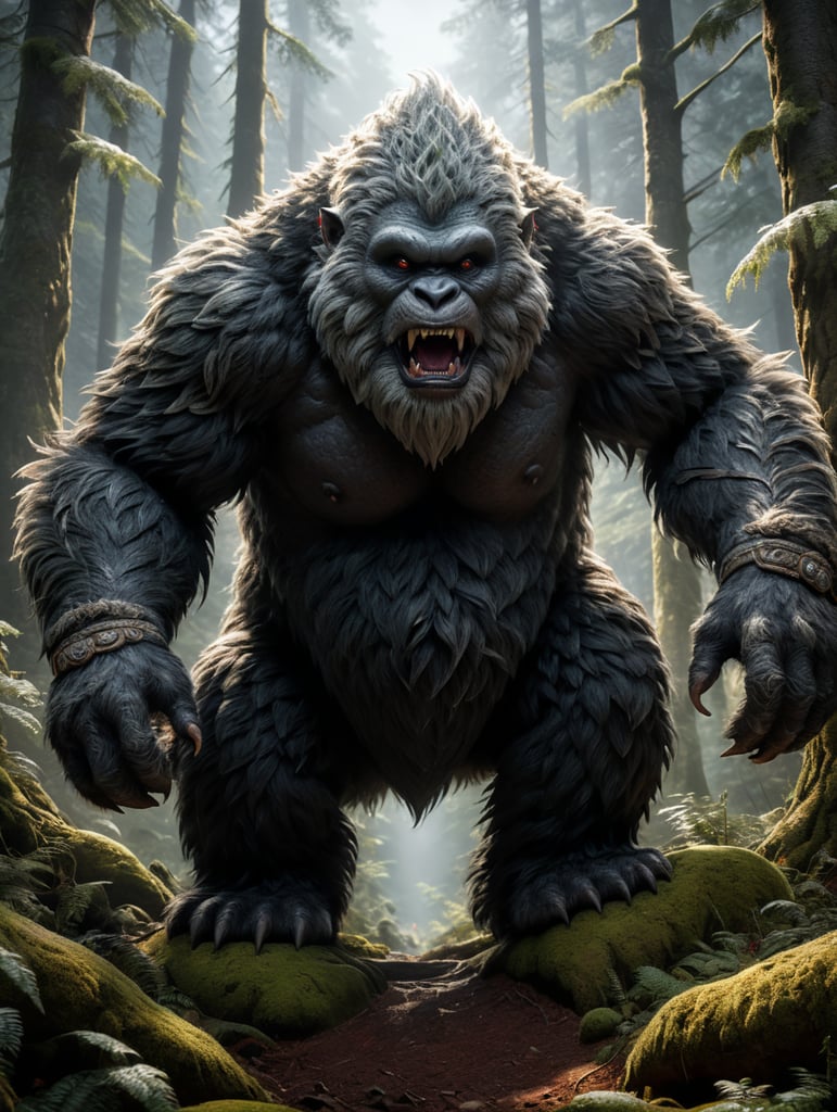 create a hyper real small yeti in in a forest