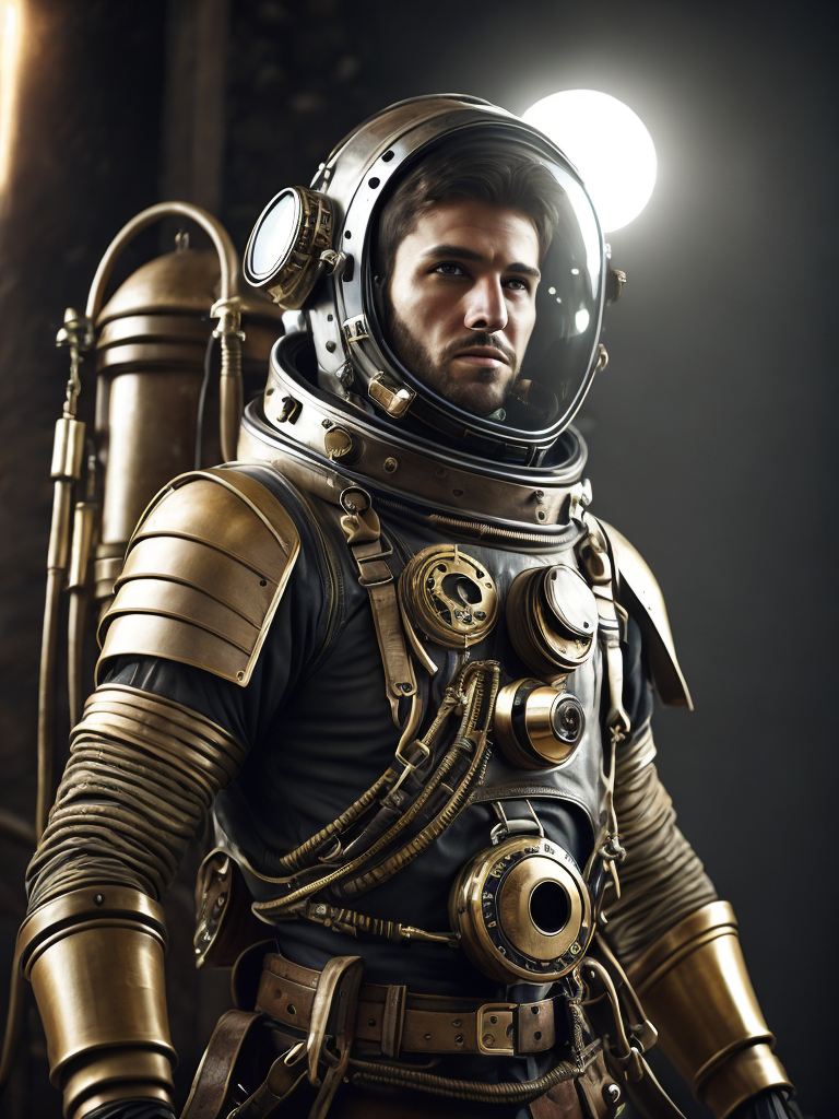 A steampunk astronaut wearing a Victorian-inspired spacesuit with brass gears and leather straps, Dramatic Lighting, Depth of field, Incredibly high detailed