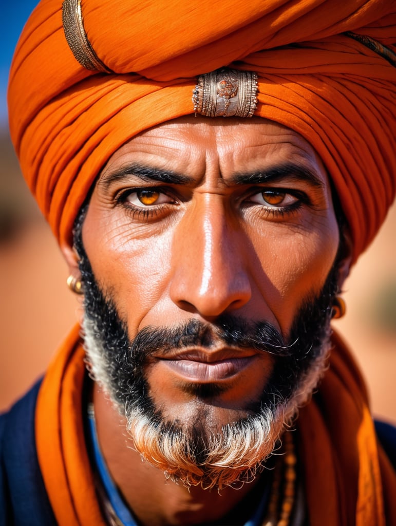 portrait of a striking Berber man in orange turban, Morocco, dramatic light, striking eyes