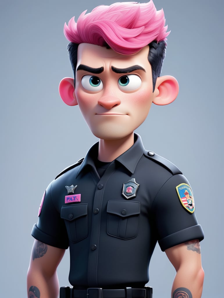 A police male that has short black and pink hair
