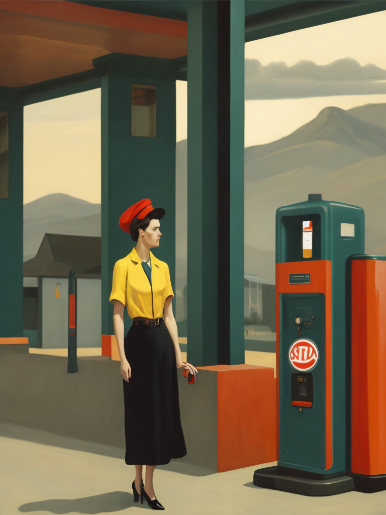 1940s beautiful woman, embrassing petrol pump, at a petrol station, by edward hopper, de chirico, flat paint, art deco style, 1940, steam train in landscape, highly detailed, minimalist, sharp focus