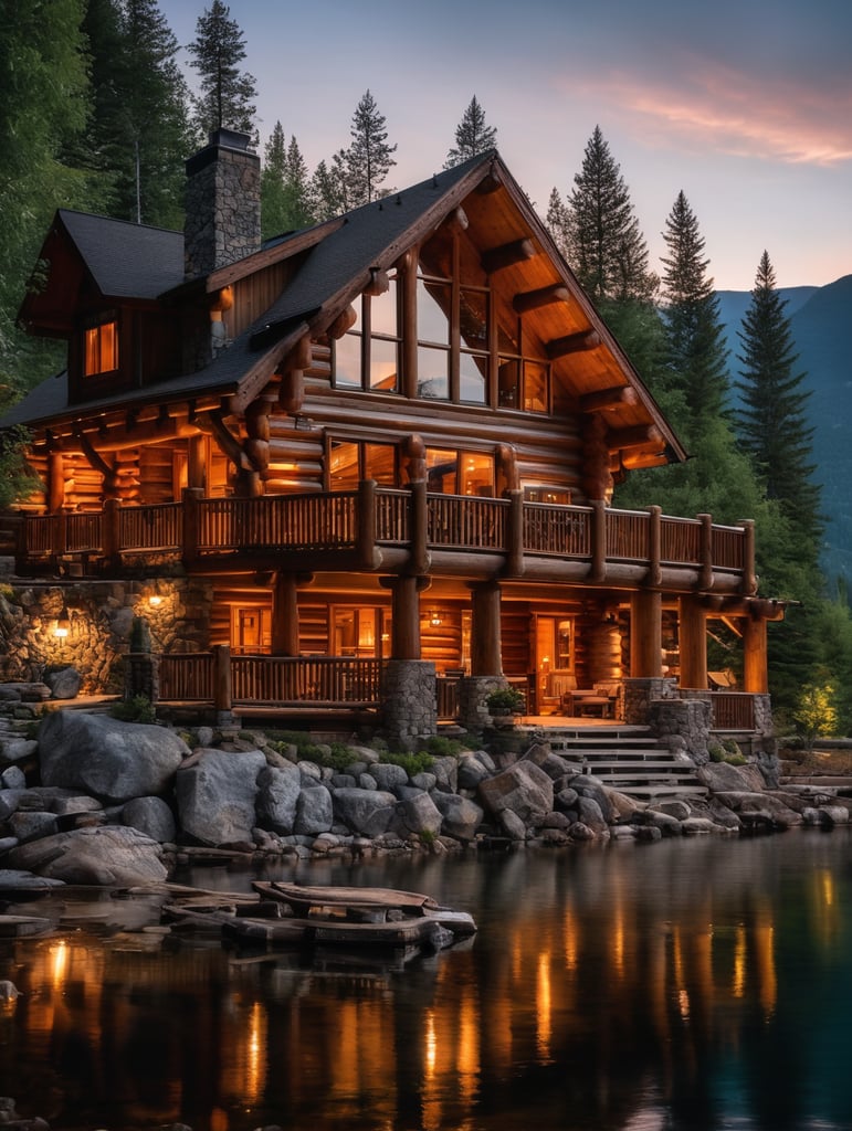 Professional evening photo of a Log mountain house, mountains, lake, forest