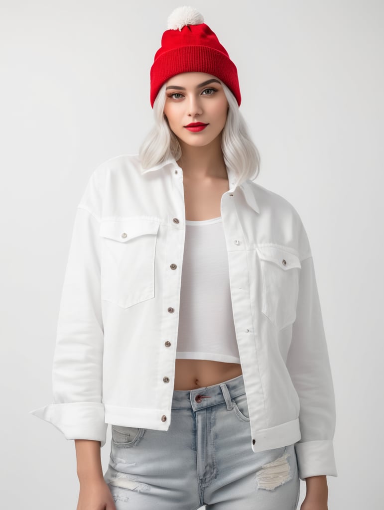 a young women with white hair and red hat on his head is wearing a white lacket, isolated, white background
