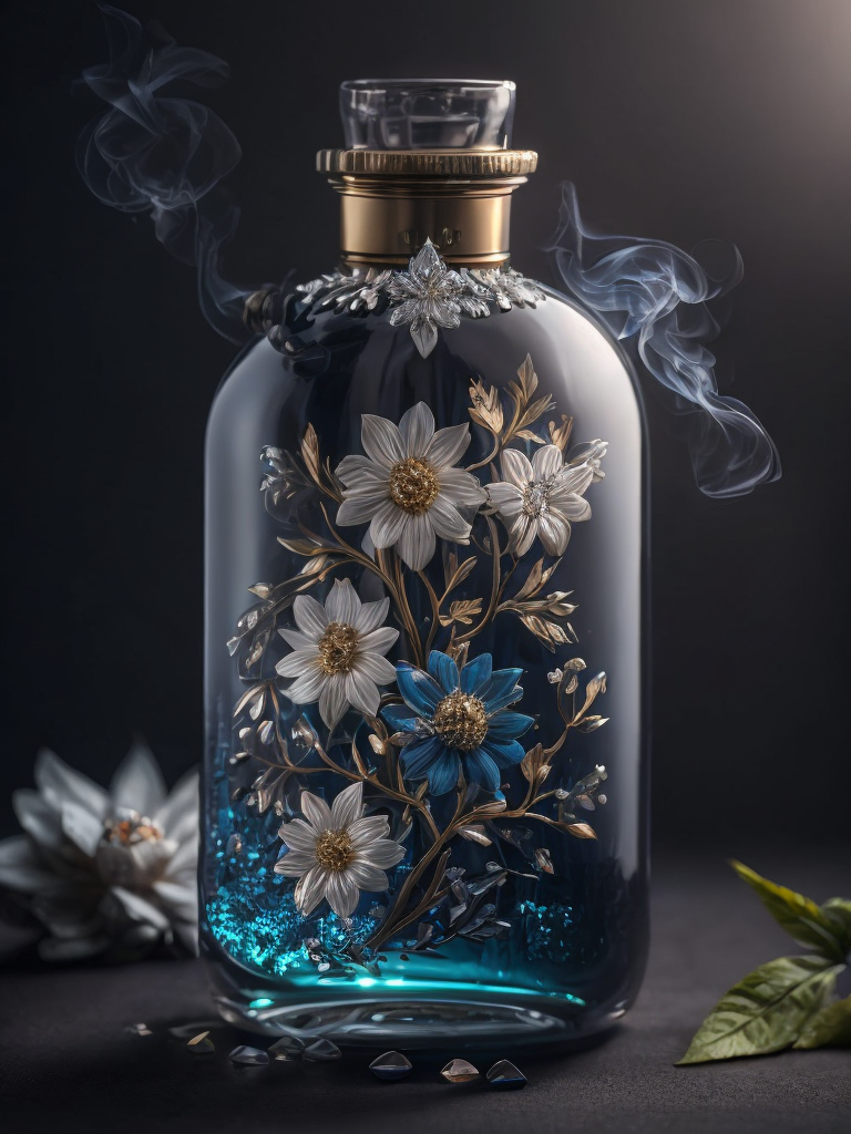 Magic elixir bottle from, carved glass, decorated with flowers and gems, fairy atmosphere, illumination, dark blue color, smoke