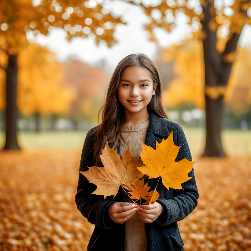 A girl holding autumn leaves and also leaves are falls in background