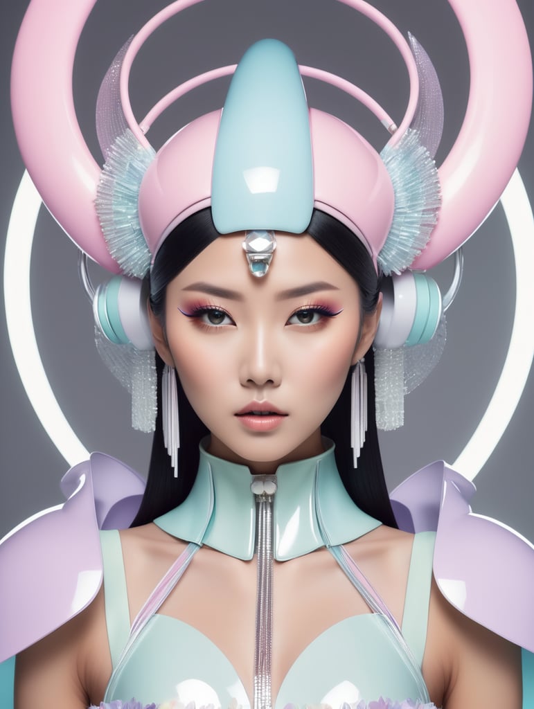 A beautiful Japanese female pop artist wearing a pastel sleek futuristic outfit with a huge headpiece centerpiece. She has clean makeup and is captured in vivid colors, embodying the essence of fantasy and a minimalist, fantastical, edgy, and regal themed outfit, with depth of field.