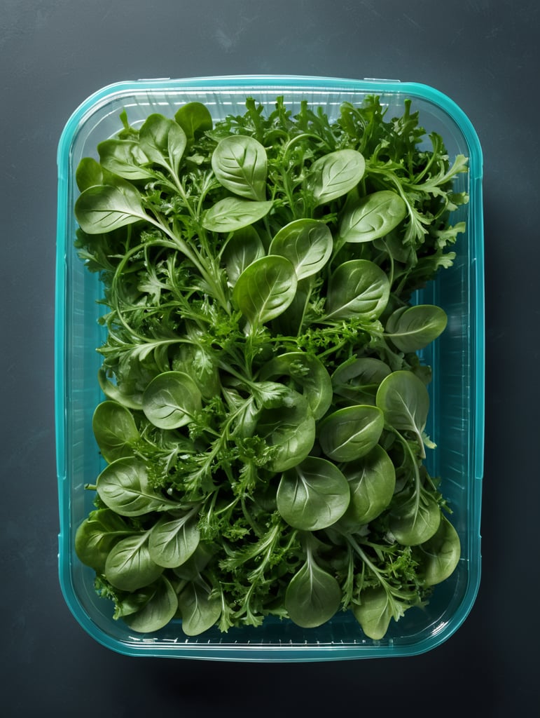 blank Transparent Plastic Container with Arugula Salad, isolated, cyan background, Mockup, mock up