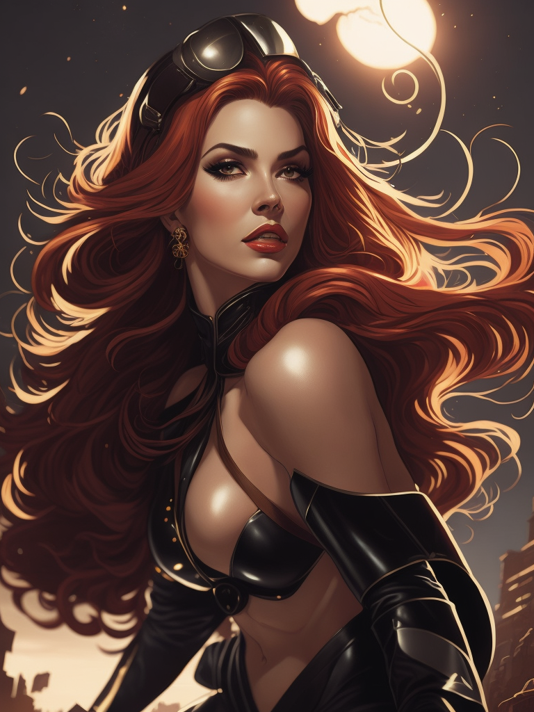 Miss Fortune pin-up in the style of ed emshwiller, curvaceous body, sitting on a rocket in the style of ed emshwiller, beautiful face, sparkling eyes, flowing long hair, scene, digital art, centered, sunlight, godrays, vignette, shaders, intricate, highly detailed, bloom, sharp focus, depth of field,